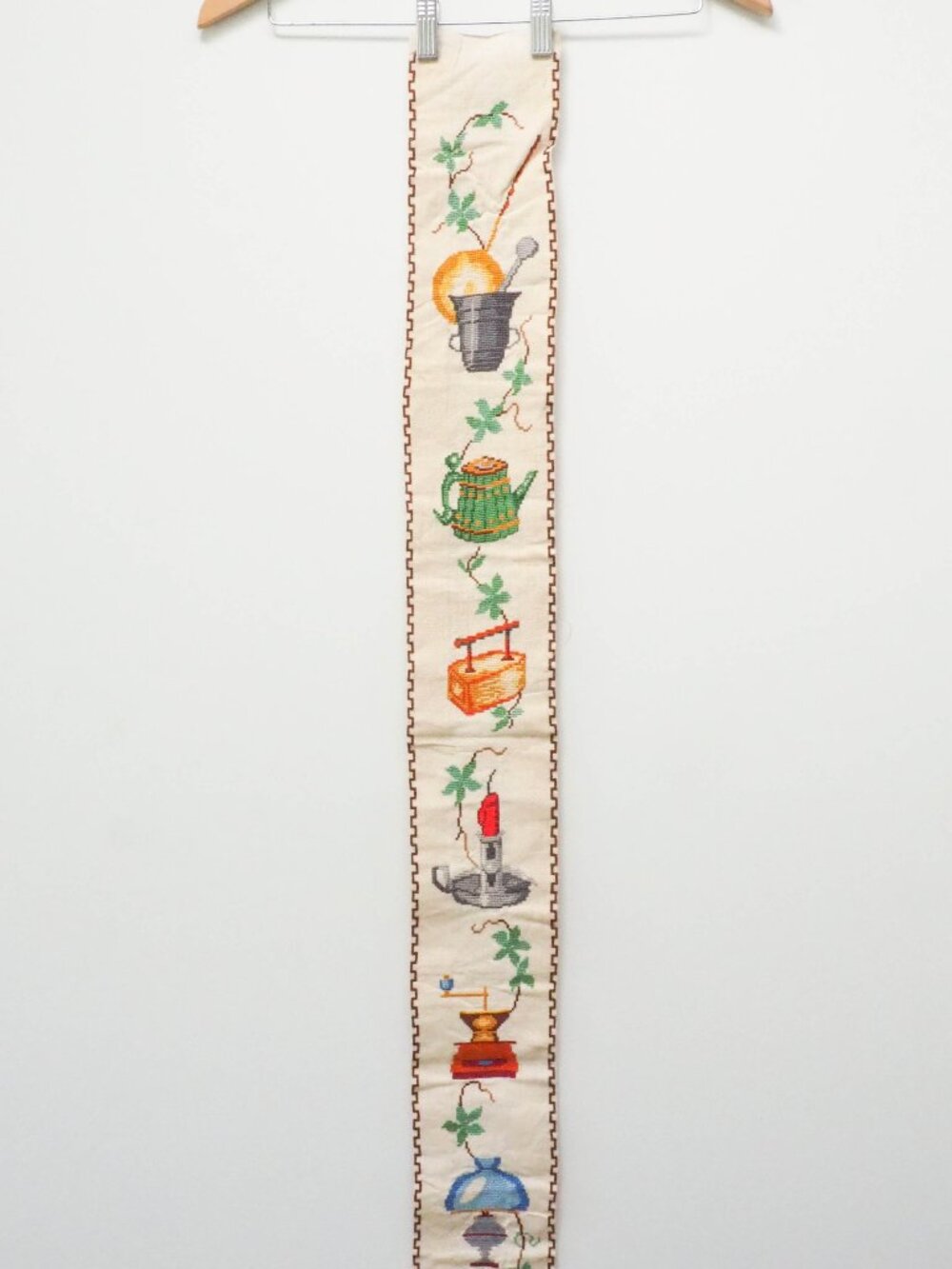 Vtg Homestead Cottage Needlework Banner - Vintage Folk Art Needlepoint Wall Hang